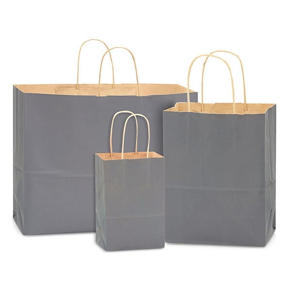 Pack Of 125, Charcoal Gray Natural Kraft Tint Bag W/Edge Tops & Sturdy Handles Assortment 50 Rose, 50 Cub, 25 Vogue Made In USA