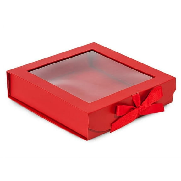 Pack Of 18, 8 X 8 X 2" X-Large Solid Red Gourmet Folding Boxes W/Ribbon Closures & Window Lid For Christmas & Valentine