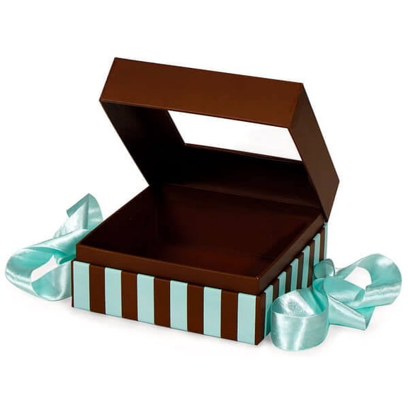 Pack Of 18, Medium Size Aqua & Chocolate Stripe Gift & Gourmet Presentation Square Box 5.75 X 5.75 X 3" W/Ribbon 22" Length