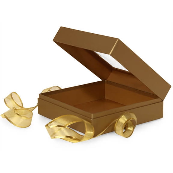 Pack Of 18, Medium Size Metallic Gold Solid Gift & Gourmet Presentation Square Box 5.75 X 5.75 X 3" W/Ribbon 22" Length