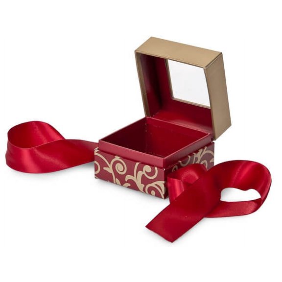 Pack Of 18, Mini Size Elegant Red Gift & Gourmet Presentation Scroll Box Square Box 2.75 X 2.75 X 2" W/ Ribbon 14" For Christmas