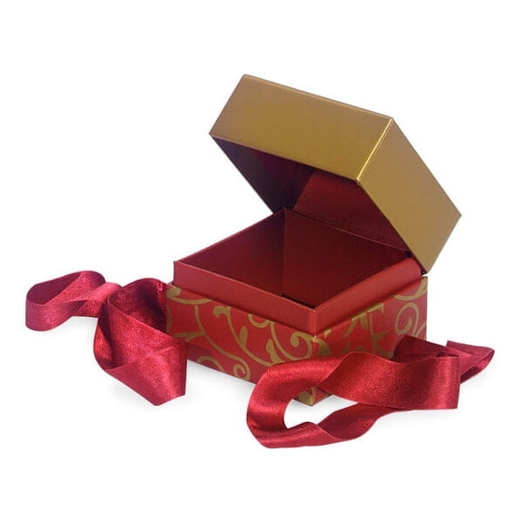 Pack Of 18, Petite Size Elegant Red Scroll Gift & Gourmet Presentation Square Box 3.75 X 3.75 X 3" W/Ribbon 17" Length