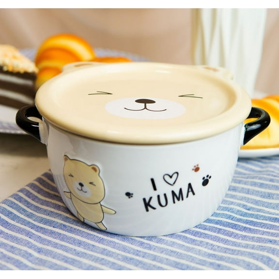 Pack Of 2 Beige Kuma Bear Porcelain Kids Food Bowls 25Oz W/ Condiment Lid Plate