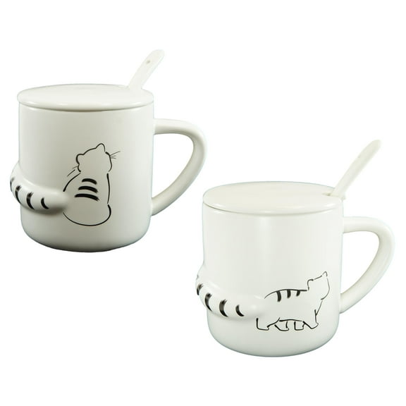Pack Of 2 Black White Abstract Cats 3D Tail Coffee Mugs With Lid And Spoon 12oz