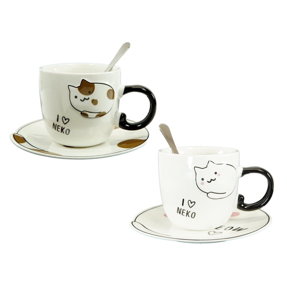 Pack Of 2 Calico And White Maneki Neko Cat Mugs 8oz With Saucer & Notched Spoon