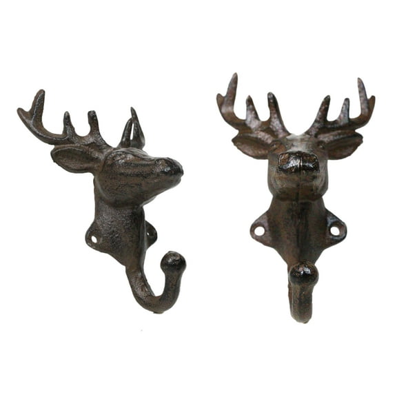 Pack Of 2 Cast Iron Rustic Elk Deer Head With Antlers Wall Coat Hook Sculptures