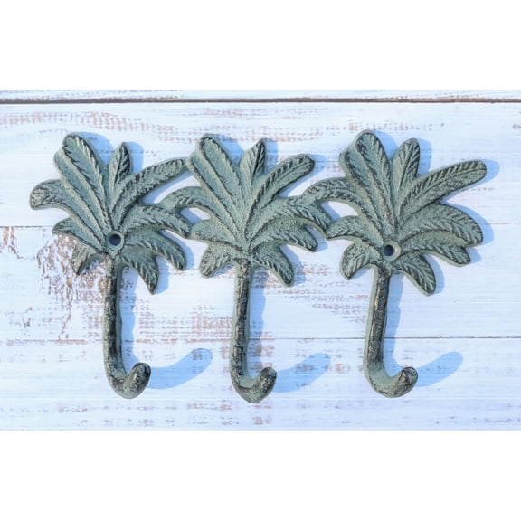 Pack Of 2 Cast Iron Verdigris Beach Coconut Palm Trees Triple Wall Key Hooks