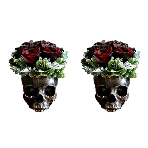 Pack Of 2 Day Of The Dead Skull Planters Bowls 7"L Bronze Finish Decor Accent