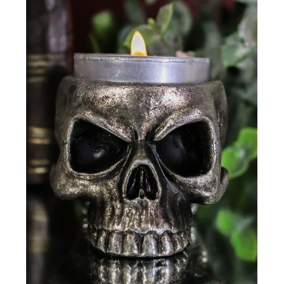 Pack Of 2 Gunmetal Finish Evil Death Skull Small Votive Candle Or Crystal Holder