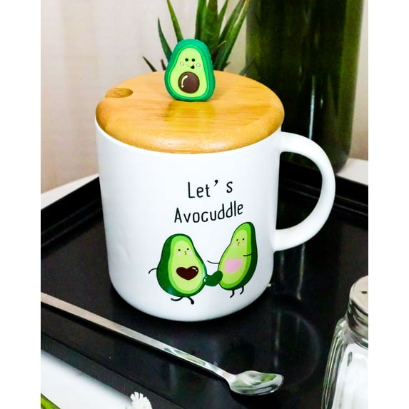 Pack Of 2 Let's Avocuddle Avocado Couple Ceramic Coffee Mug W/ Spoon And Lid Set