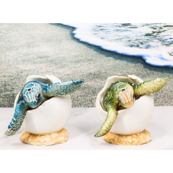Pack Of 2 Marine Blue And Green Sea Turtle Hatchlings In Egg Shells Figurines