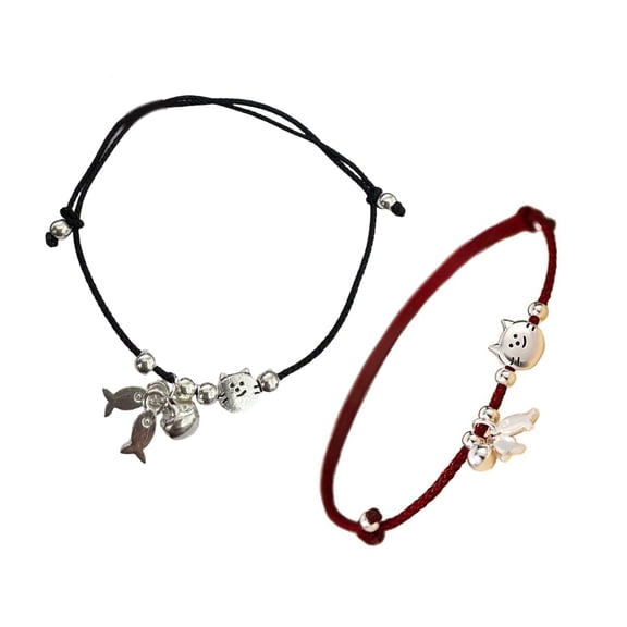 Pack Of 2 Matching Cats And Fish Design Black Red Cord Bracelets Handcrafted Wrist Chain For Couples Friend