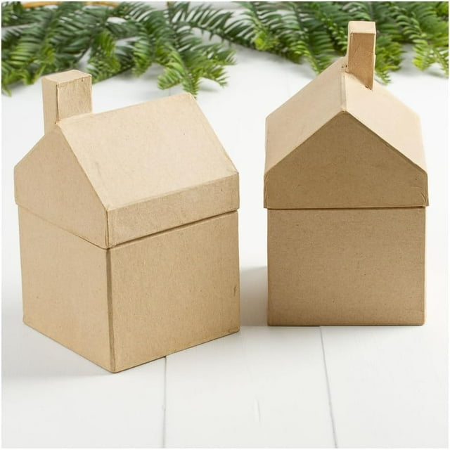 Pack Of 2 Paper Mache Houses Cardboard Papier Mache DIY Gift Boxes