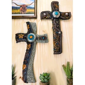 Pack Of 2 Rustic Western Floral Scroll Conchos Faux Tolled Leather Wall Crosses