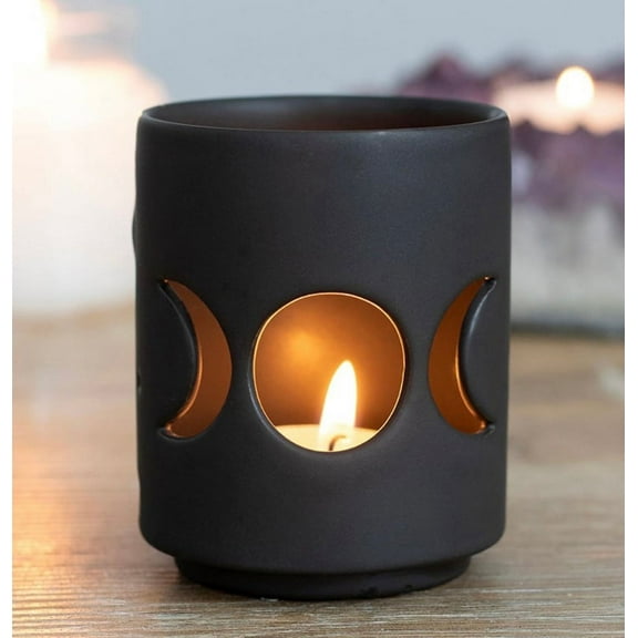 Pack Of 2 Wicca Triple Moon Goddess Black Ceramic Tea Light Votive Candle Holder