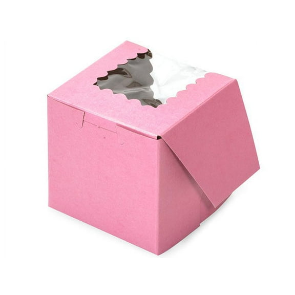 Pack Of 200, 4 X 4 X 4" Solid Pink Window Bakery Boxes 1-Piece Lock Corner Box For Cakes, Pies, Cupcakes Made In USA