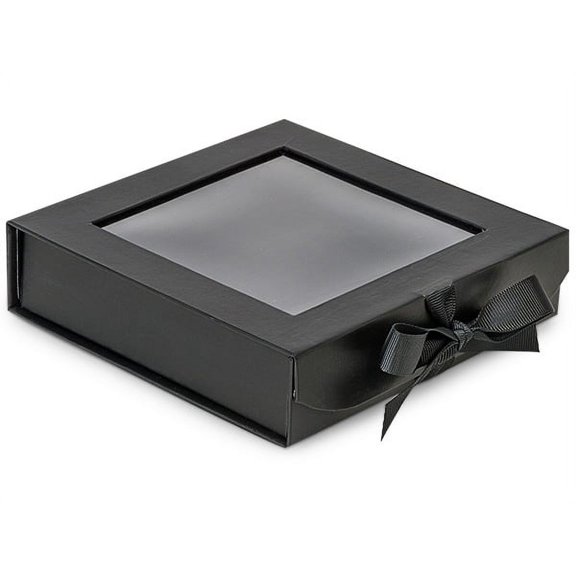 Pack Of 24, 6 X 6 X 1-5/8" Large Solid Black Gourmet Folding Boxes W/Ribbon Closures & Window Lid For Halloween