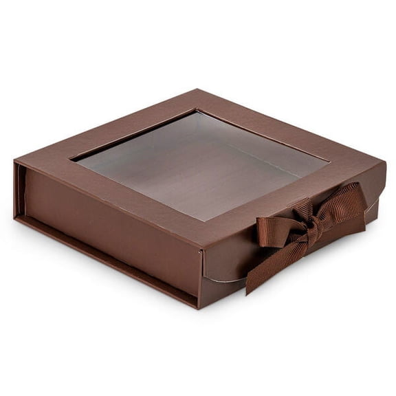 Pack Of 24, 6 X 6 X 1-5/8" Large Solid Chocolate Gourmet Folding Boxes W/Ribbon Closures & Window Lid