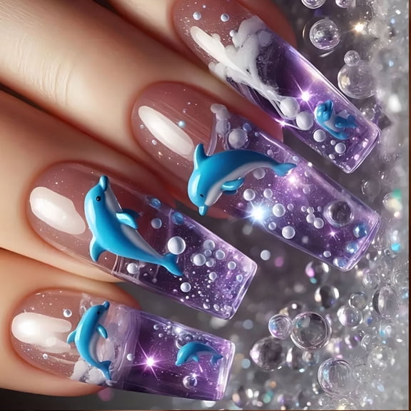 Pack Of 24 Ice Blue Translucent Dolphins Art Fakes Nails European Square Mediums Length ABS Manicure Set For Parties