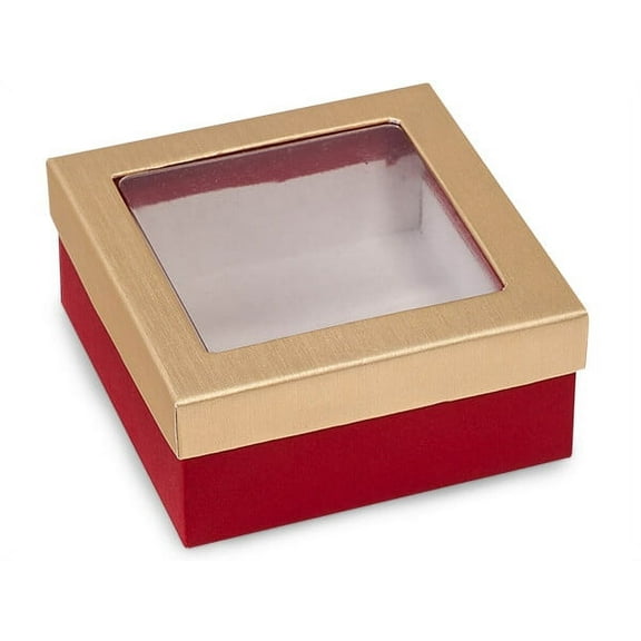Pack Of 24, Solid Red Matte & Brushed Gold Candy Box W/Clear Window 3.5X3.5X1.5" Made in USA