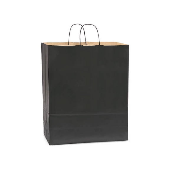 Pack Of 25, Black Recycled Kraft Paper Shopping Bags W/Edge Tops & Sturdy Handles - Queen 16 X 6 X 19" Solid Made In USA