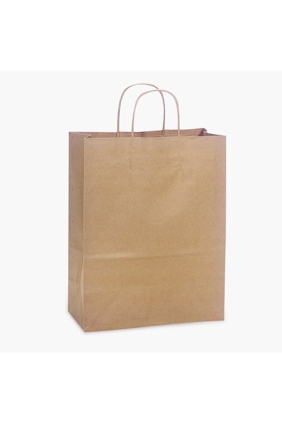 Pack Of 25, Carrier 10 X 5 X 13" Solid Natural Brown Kraft Paper Shopping Bags W/Edge Tops & Sturdy Handles Made In USA