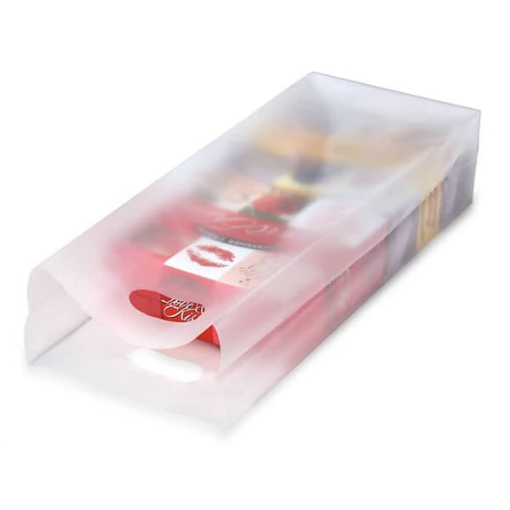 Pack Of 250, 6.5 X 3.5 X 16" Frosted Solid Clear Mdse Shopping Bag W/Die Cut Handle 3.0 Mil Holds 2 Wine / Oil Bottles