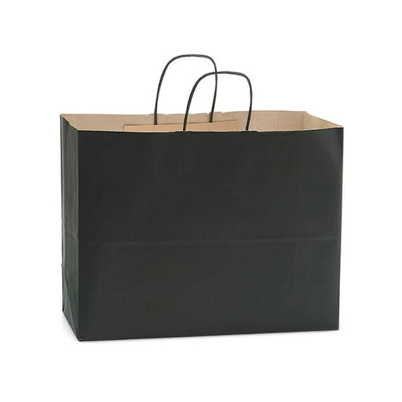 Pack Of 250, Black Recycled Kraft Paper Shopping Bags W/Edge Tops & Sturdy Handles - Vogue 16 X 6 X 12" Solid Made In USA