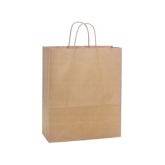 Pack Of 250, Medium 13 X 6 X 15.5" Solid Natural Brown Kraft Paper Shopping Bags W/Edge Tops & Sturdy Handles Made In USA
