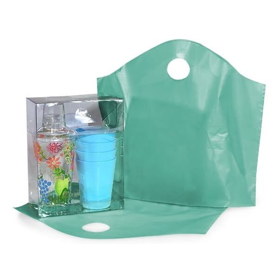 Pack Of 250, Solid Aqua Wave Top Bags Medium 18 X 15 X 6" 100% Recycled 2.25 Mil As Shopping Bag Or For Gift Packaging