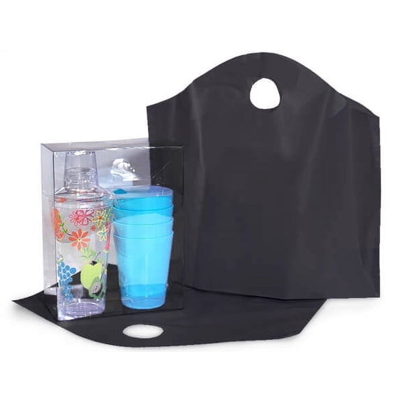 Pack Of 250, Solid Black Wave Top Plastic Bags Medium 18 X 15 X 6" 100% Recycled 2.25 Mil As Shopping Bag Or For Gift Packaging