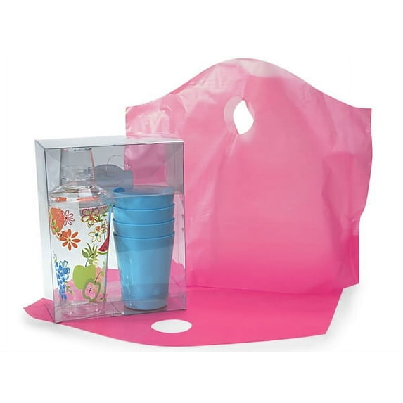 Pack Of 250, Solid Blazing Pink Wave Top Bags Medium 18 X 15 X 6" 25% Recycled 2.25 Mil As Shopping Bag Or For Gift Packaging
