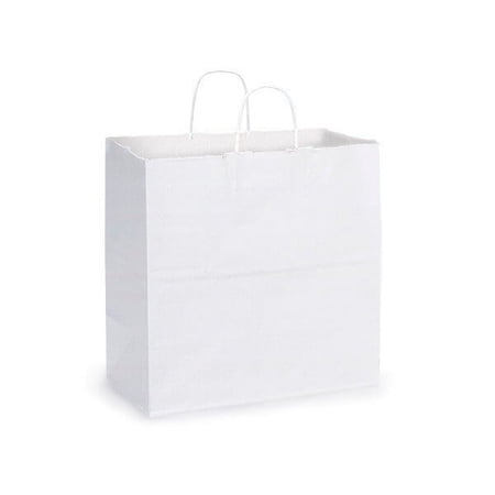 Pack Of 250, Solid Filly White Kraft Paper Bags 13 X 7 X 13" w/Edge Tops & Sturdy Paper Twisted Handles