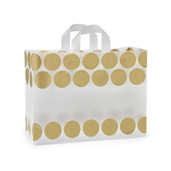 Pack Of 250, Vogue Size 16 x 6 x 12" Gold Hip Dots Plastic Shopping Bags 3 Mil W/6 Mil Handle