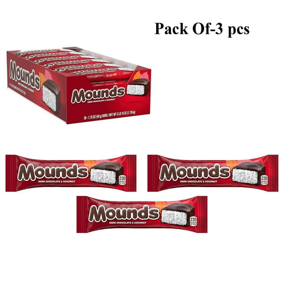 Pack Of 3 Pcs Mounds Dark Chocolate & Coconut Candy Gluten Free Bar | 1.75 Oz Per Bar | Crown Craze