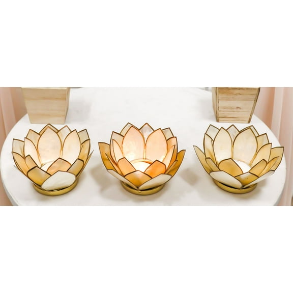 Pack Of 3 Seashells Lotus Flower Yellow Gold Votive Tea Light Candle Holders