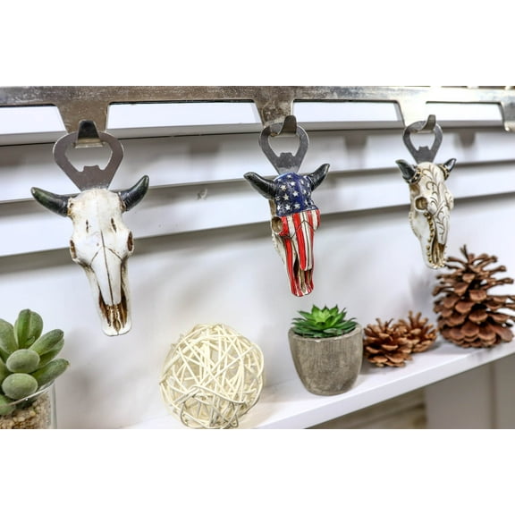 Pack Of 3 Western Bull Cow Skulls Flag Scroll And Bone Hand Beer Bottle Openers