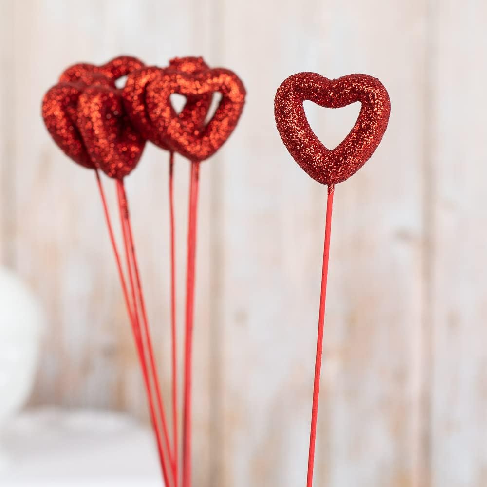 Pack Of 35 Red Glittered Valentine Heart Stems By Glitter Heart Picks