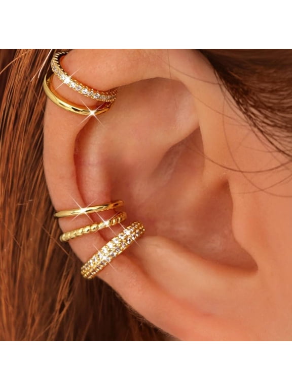 Pack Of 4 Adjustable Clip On Cartilage Earrings For Women 14K Gold Plated Hypoallergenically Ear Cuff Jewelry Set