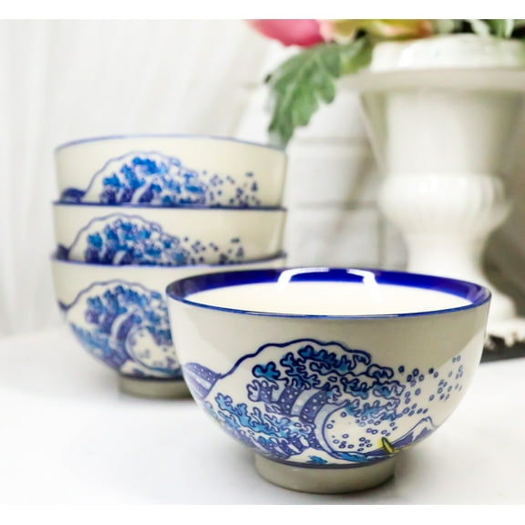 Pack Of 4 Blue Japanese Hokusai Great Wave Design Ceramic Thick Rice Bowls 4.5"D