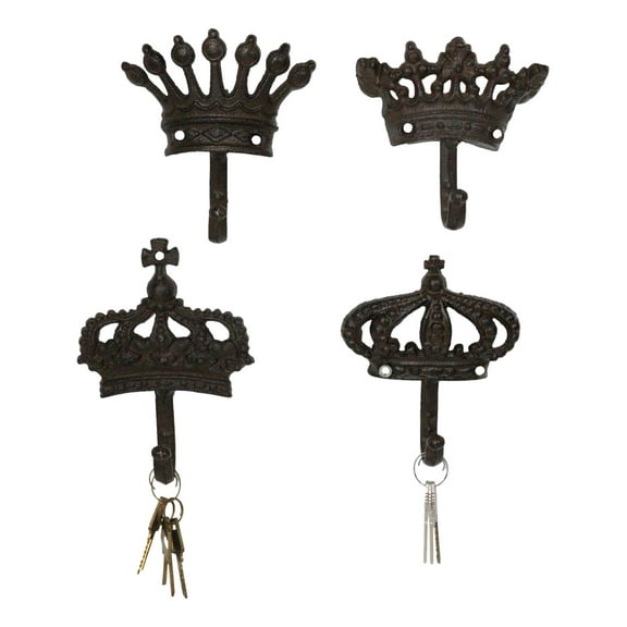 Pack Of 4 Cast Iron Medieval Royalty King and Queen Crowns Wall Coat Hooks