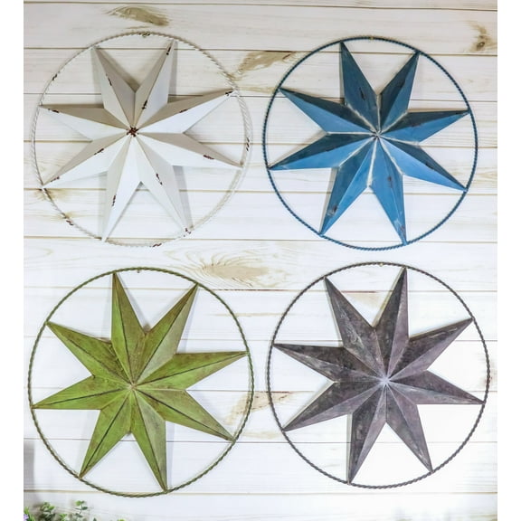 Pack Of 4 Colorful 18" Metal Rustic Western 8 Pointed Star In Ring Wall Decors