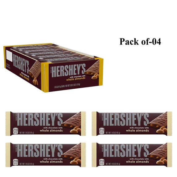 Pack Of 4 HERSHEY'S Milk Chocolate with Whole Almonds Candy Bars | 1.45 Oz Per Bar | Crown Craze