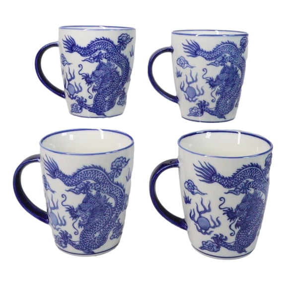 Pack Of 4 Japanese Blue And White Ryu Dragon King Porcelain Mug Cups 12oz