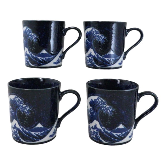 Pack Of 4 Made In Japan Navy Blue Japanese Hokusai Great Wave Of Kanagawa Mugs