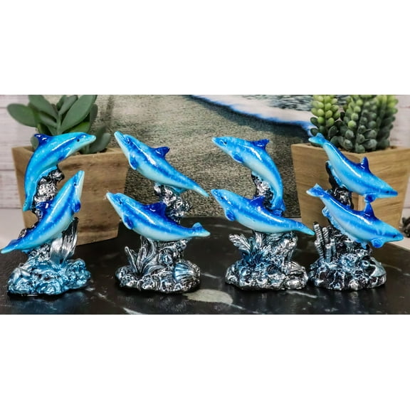 Pack Of 4 Marine Sea Blue Dolphins Swimming By Waves And Coral Reef Figurines
