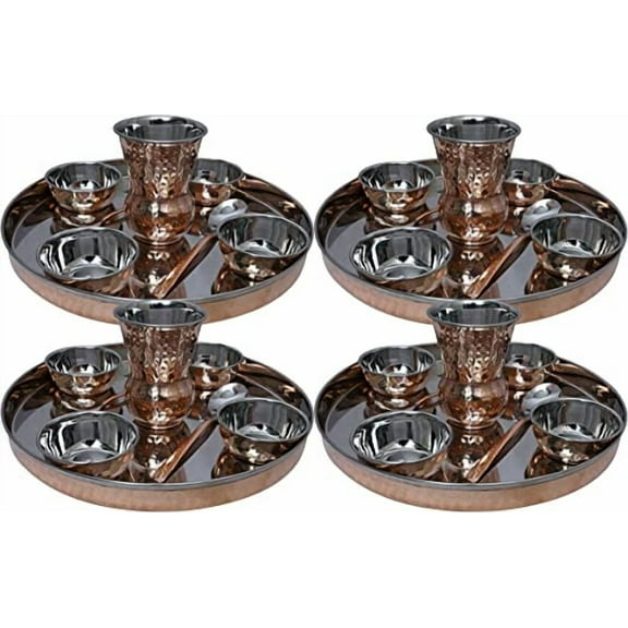 Pack Of 4 Stainless Steel Copper Traditional Dinnerware Set Of Thali Plate, Bowls, Glass And Spoon, Diameter 12-Inch