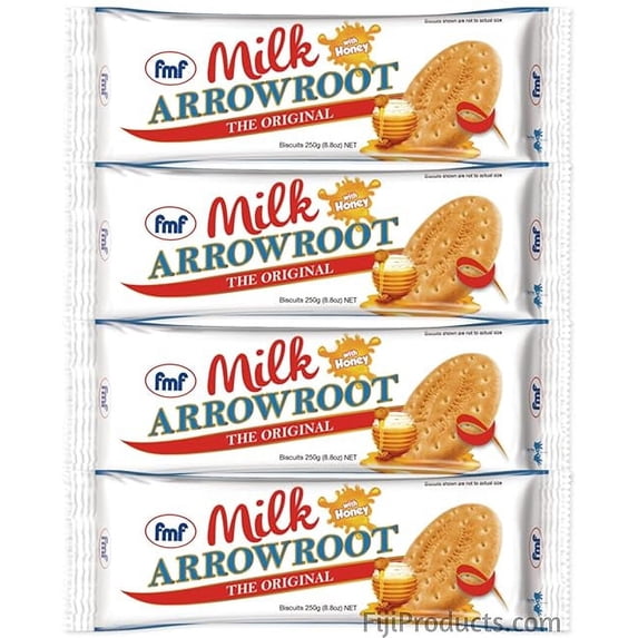 (Pack Of 4 x 250g) fmf Milk Arrowroot Biscuits with HONEY, A family favorite for generations, Taste of Fiji Islands FijiProducts.com