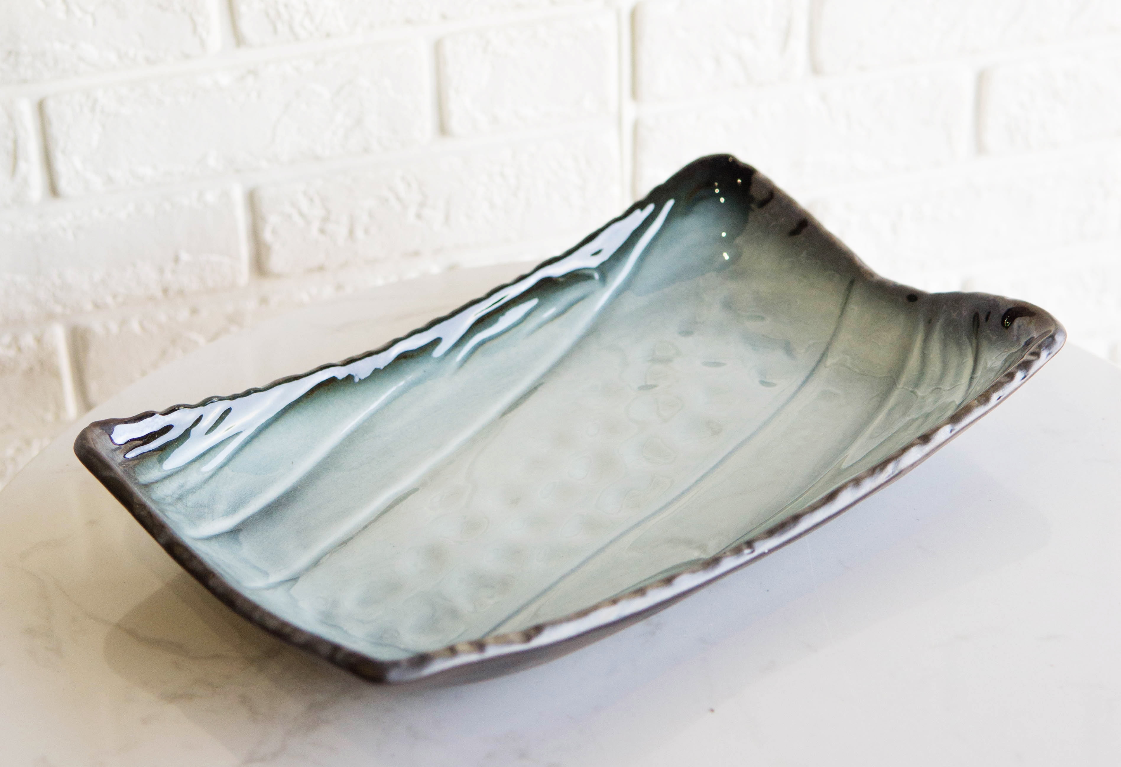 Pack Of 5 Ceramic Zen Blue Dinner Salad Sushi Entree Curved Platter Plate 10.5"L