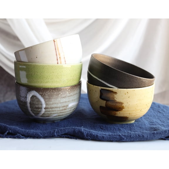Pack Of 5 Made In Japan Colorful Brush Art Kiln Natural Glazed Ceramic Bowls